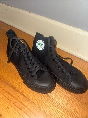 P.F. Flyers Black High-Top Canvas Sneakers with Green Logo